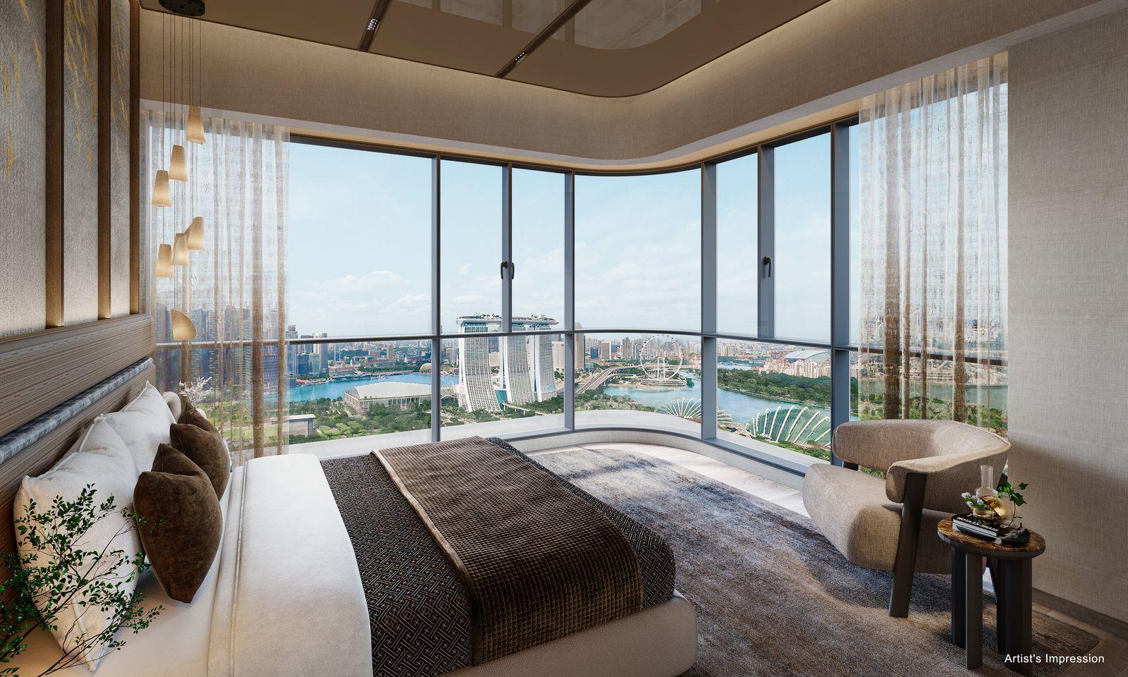 Artist's impression of a bedroom with full-height windows looking over Marina Bay