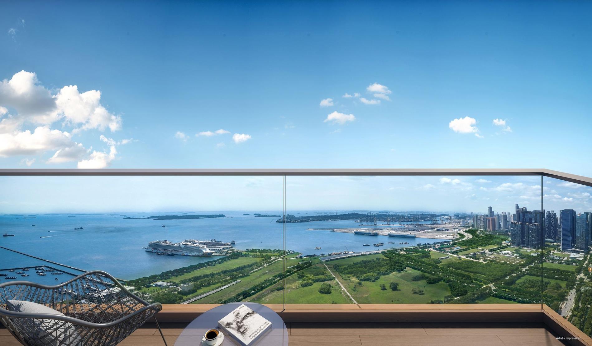 Artist's impression of the view from a One Marina Gardens balcony over Gardens by the Bay and the sea